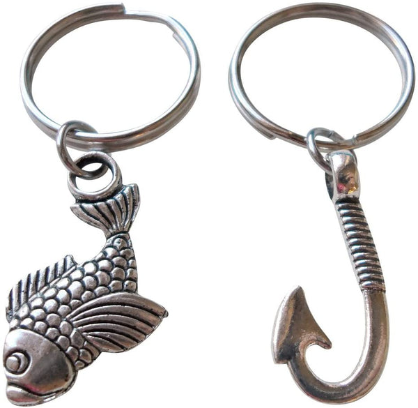 Fish and Hook Keychain Set - A Great Catch, I'm Hooked On You; Couples Keychain Set