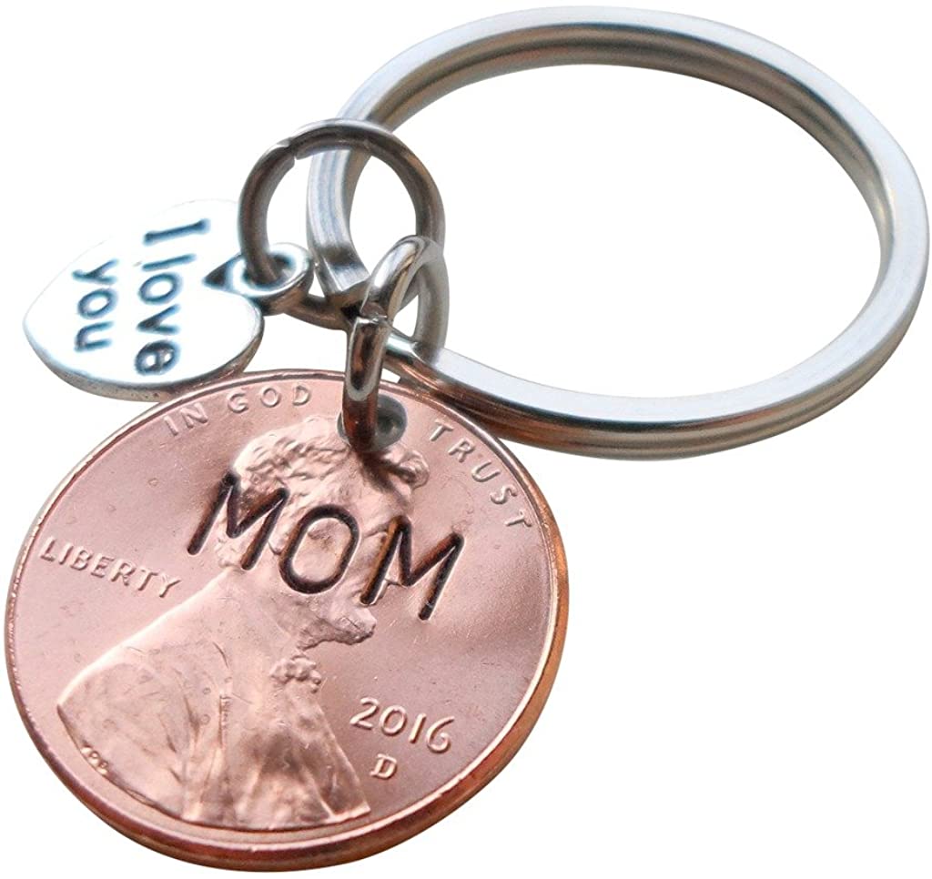 Mom Stamped on 2016 Penny Keychain, with I Love You Heart Charm, Mother's Day Gift