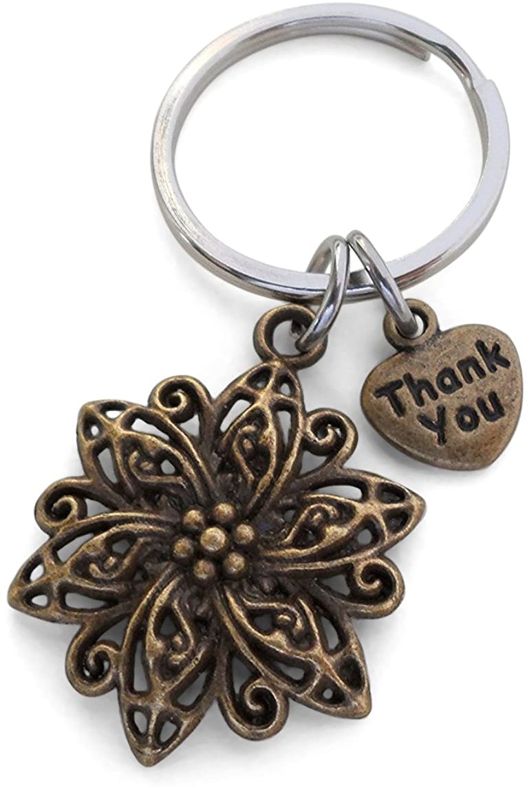 Teacher Appreciation Gifts • "Thank You" Tag & Bronze Flower Charm Keychain by JewelryEveryday w/ "Thanks for helping our school bloom!" Card