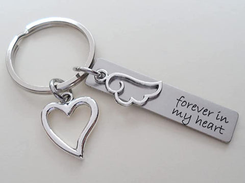 Forever in My Heart Engraved Steel Rectangle Tag Keychain with Small Wing Charm and Heart Charm, Memorial Keychain