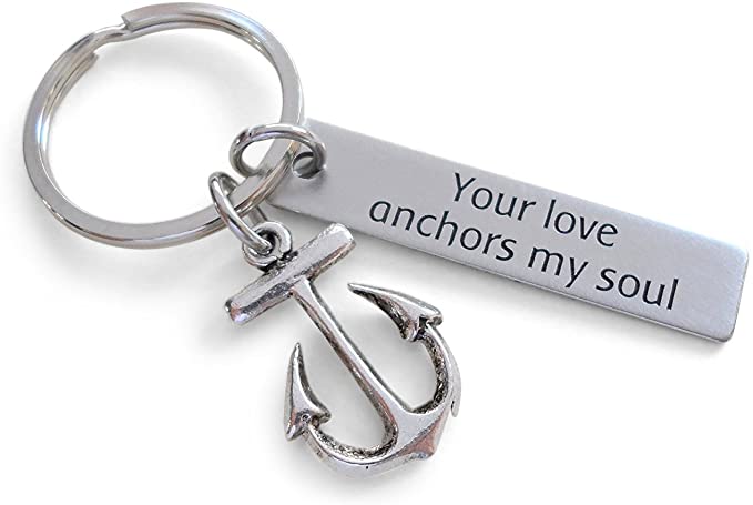 Anchor Keychain With Steel Tag Engraved "Your Love Anchors My Soul"; Couples Keychain