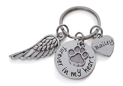 Custom Forever in My Heart Disc with Paw & Wing Charm Keychain, Pet Loss Gift, With Custom Engraved Heart Tag, Dog Memorial Keychain