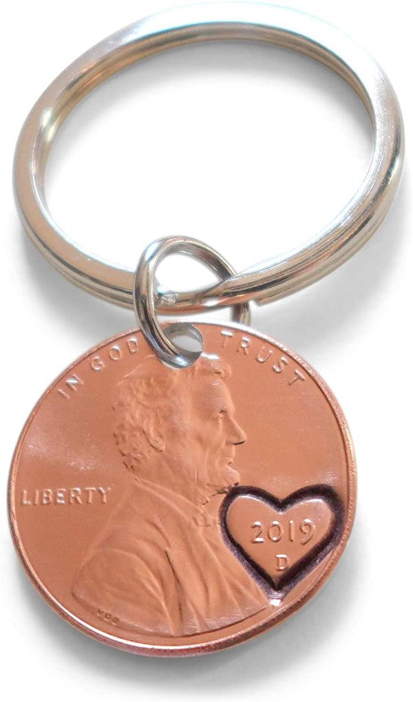 2019 US One Cent Penny Keychain with Heart Around Year; 5-year Anniversary Gift, Couples Keychain