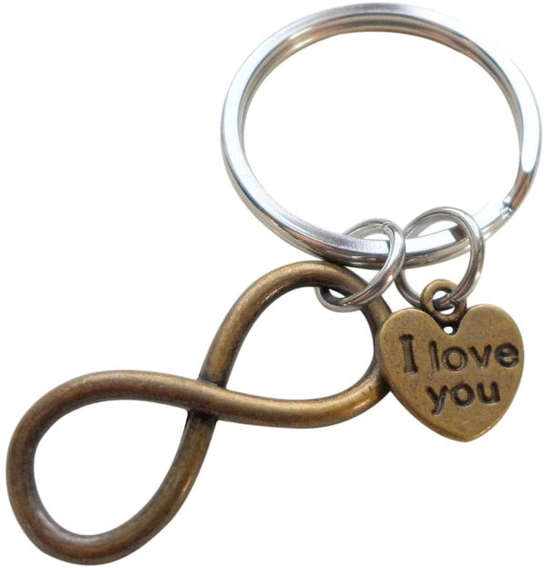 "I Love You" Heart Charm with Bronze Infinity Symbol Keychain - You and Me for Infinity; Couples Keychain