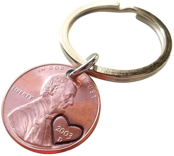 2003 Penny Keychain with Engraved Heart Around Year; 19 Year Anniversary Gift, Couples Keychain