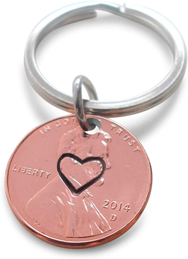 Centered Heart Stamped on 2014 Penny Keychain; 8 Year Anniversary Gift