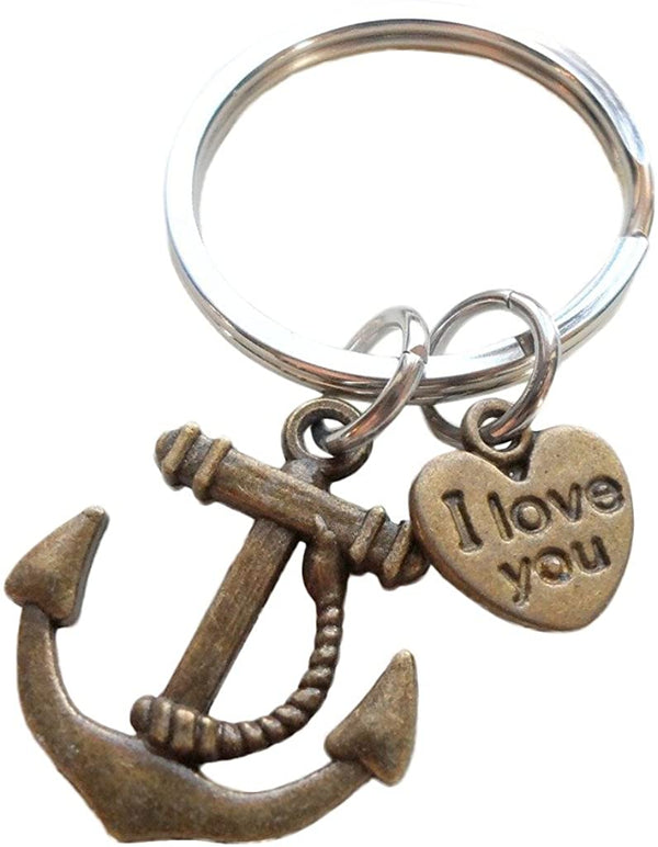 "I Love You" Heart Charm with Bronze Anchor Keychain - You're the Anchor in my Life; Couples Keychain