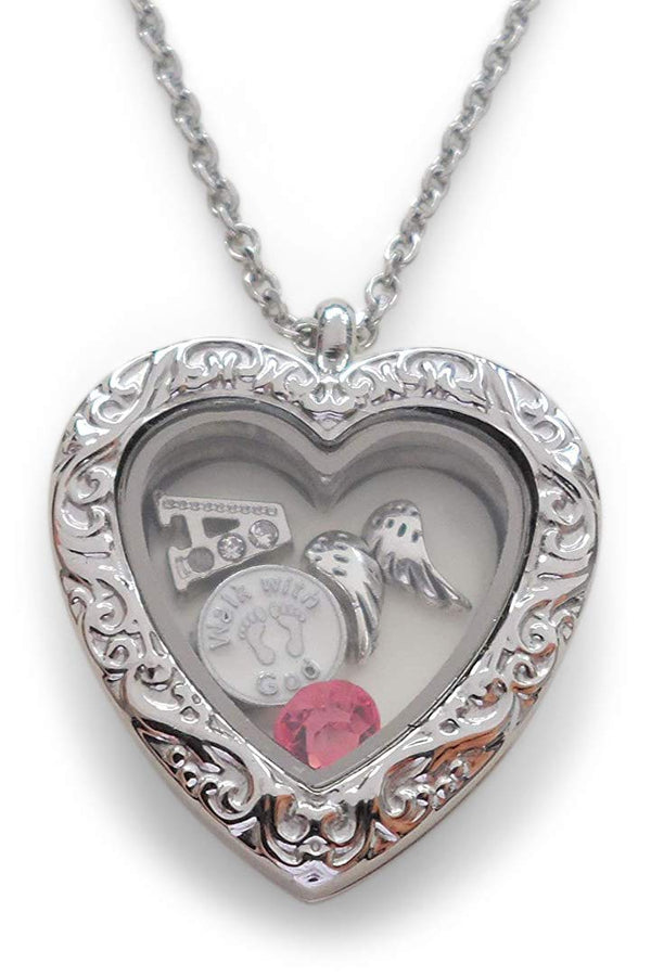 Personalized "Forever in My Heart" Stainless Steel Large Heart Locket Necklace w/ Silver Design for Baby Loss Memorial - by Jewelry Everyday