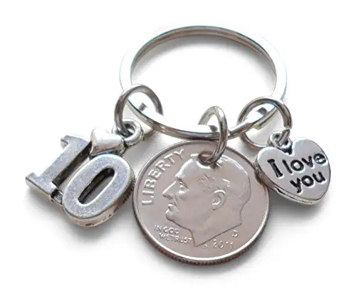 Custom Dime Keychain with I Love You Heart & Number 10 Charm, 10 Year Anniversary Gift, Husband Wife Key Chain, Boyfriend Girlfriend Gift, Customized Couples Keychain