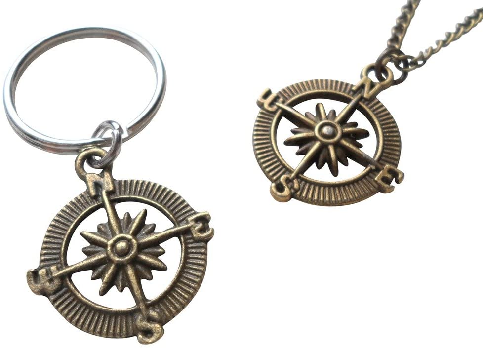 Bronze Open Metal Compass Necklace and Keychain Set - I'd Be Lost Without You; Couples Keychain Set