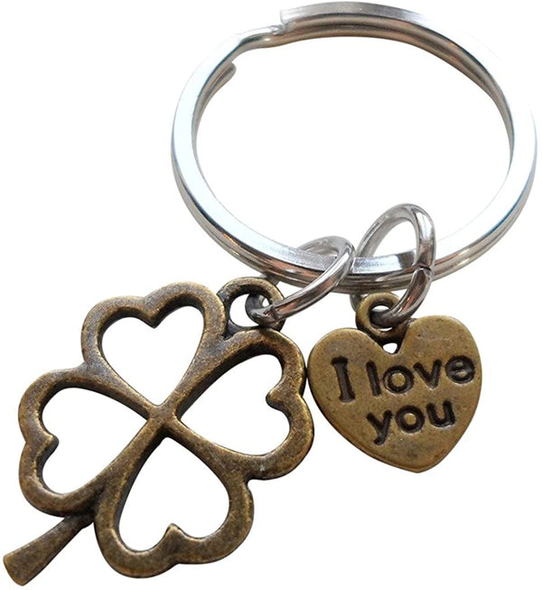 Bronze Four Leaf Clover Keychain with I Love You Heart Charm - Lucky to Have You