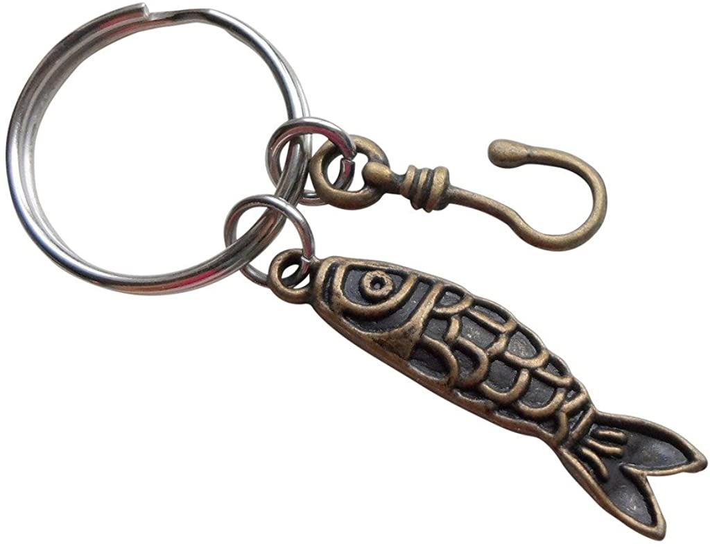 Bronze Fish Charm and Hook Charm Keychain - You Are A Great Catch; Couples Keychain