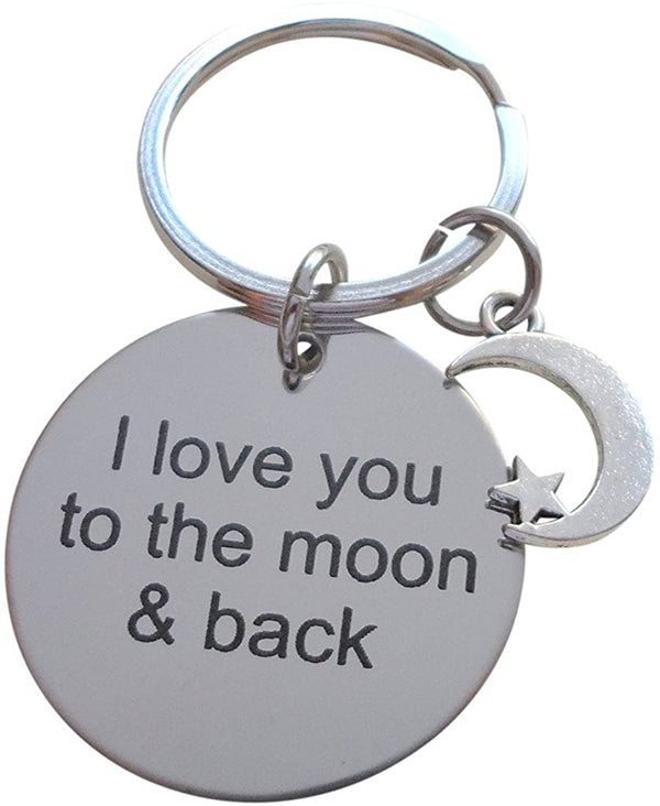 "I Love You to the Moon & Back" Stainless Steel Saying Disc Keychain with Moon Charm