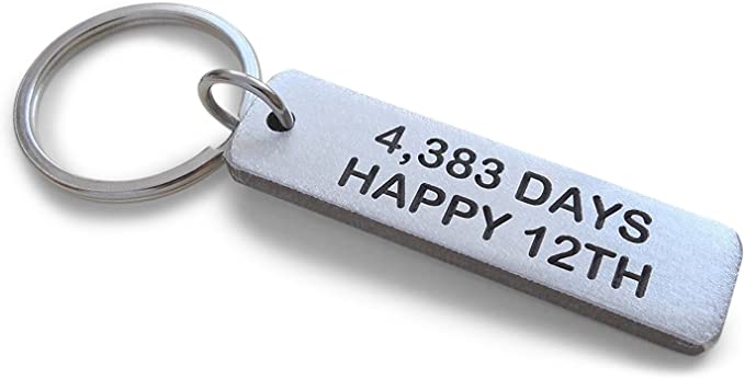 Aluminum Tag Keychain Engraved with "4,383 Days, Happy 12th"; Handmade 12 Year Anniversary Keychain
