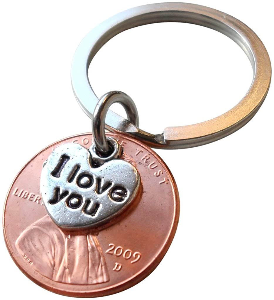 13 Year Anniversary Gift • 2009 Penny Keychain w/ "I Love You" Heart Charm by Jewelry Everyday