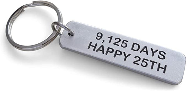 Aluminum Tag Keychain Engraved with "9,125 Days, Happy 25th"; 25 Year Anniversary Keychain