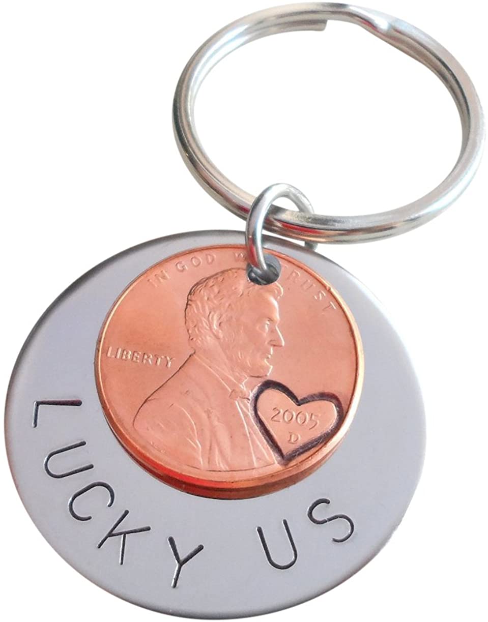 Steel Disc & 2005 Penny Keychain Hand Stamped "Lucky Us"; 17 Year Anniversary Gift, Couples Keychain