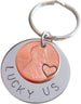 Steel Disc & 2005 Penny Keychain Hand Stamped "Lucky Us"; 17 Year Anniversary Gift, Couples Keychain