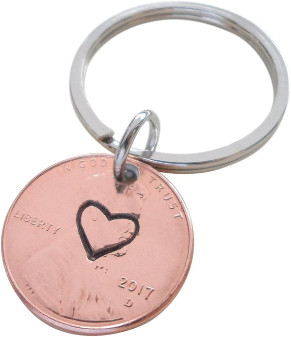 Centered Heart Stamped on 2017 Penny Keychain; 5 Year Anniversary Gift, Couples Keychain
