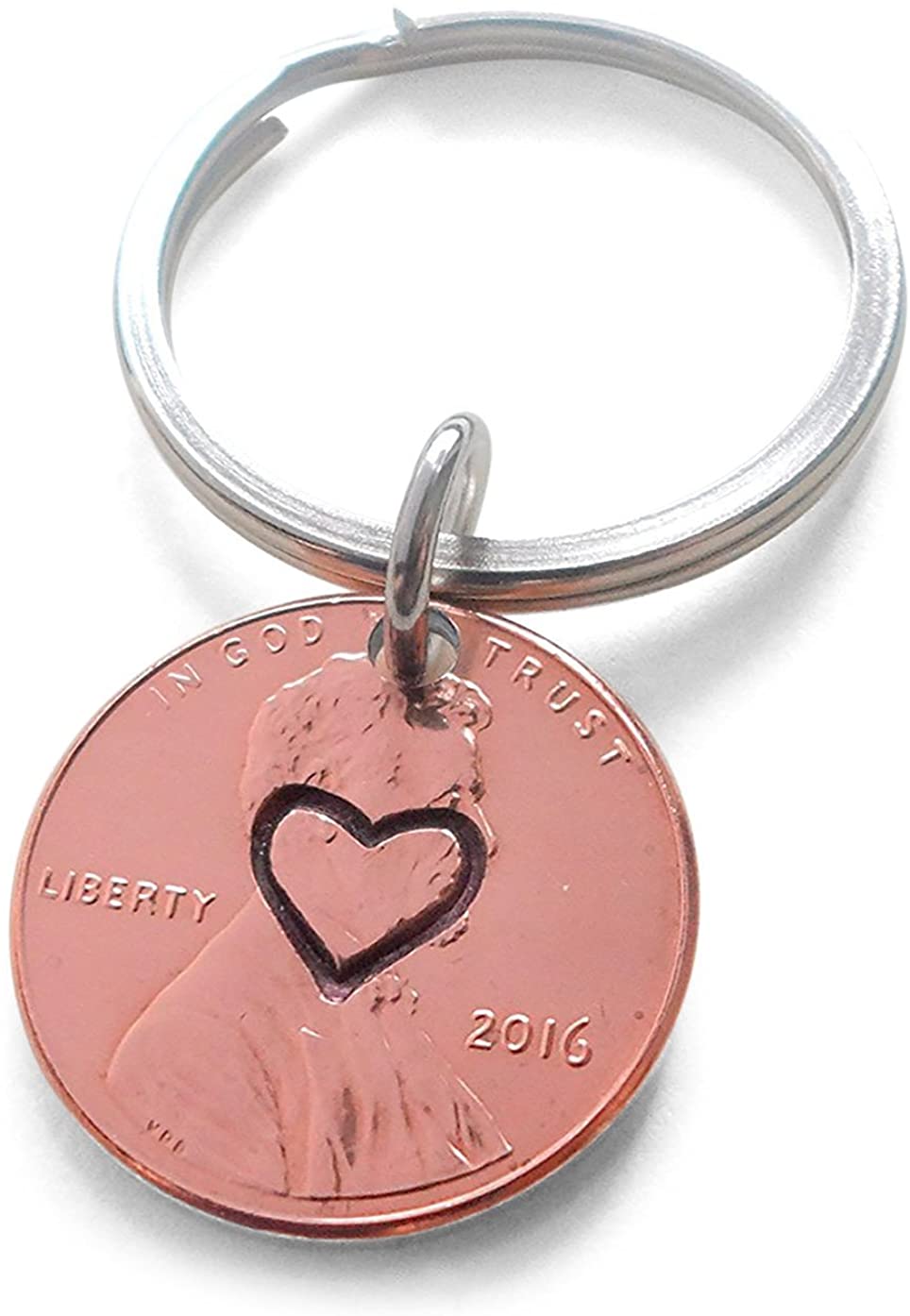 Centered Heart Stamped on 2016 Penny Keychain; 6 Year Anniversary Gift