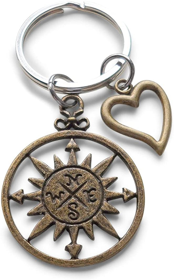 Bronze Sun Compass Keychain with Heart Charm - I'd Be Lost Without You; Couples Keychain