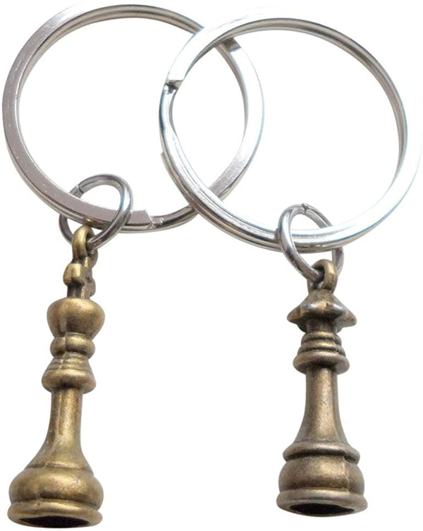 Bronze Chess Piece Charm Keychains, King and Queen Set - Couples Keychain Set