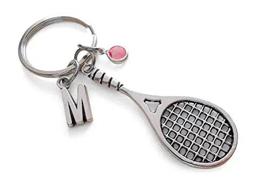 Custom Tennis Racquet Charm Keychain with Add-on Letter & Optional Birthstone Charms, Graduate Keychain, Tennis Player Keychain