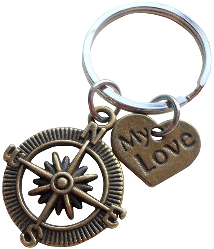 "My Love" Bronze Compass Keychain - I'd Be Lost Without You; Couples Keychain