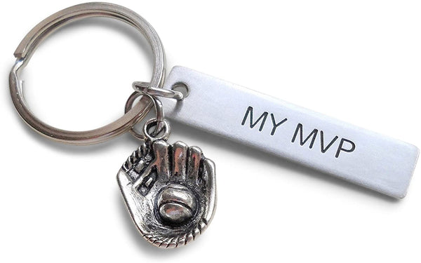 Baseball Mitt Charm Keychain and Steel Tag Engraved with "My MVP", Baseball Fan Keychain Gift