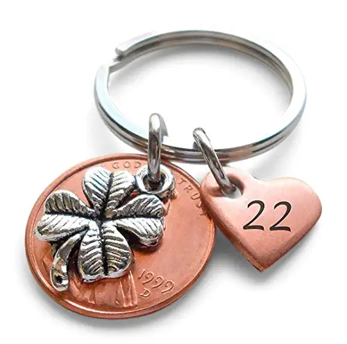 Custom Penny Keychain With Clover Charm and Copper Heart Charm Anniversary Gift, Husband Wife Key Chain, Boyfriend Girlfriend Gift, Couples Keychain