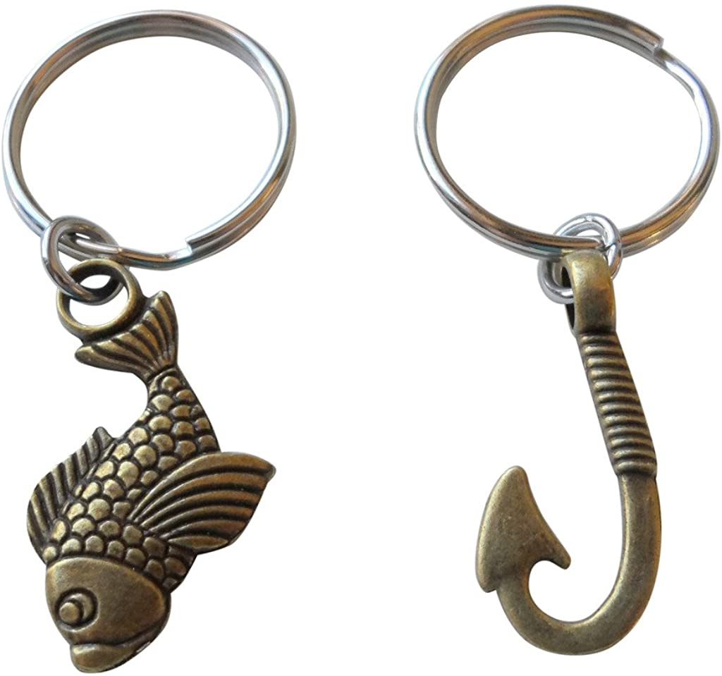 Bronze Fish and Hook Keychain - I'm Hooked On You; Couples Keychain