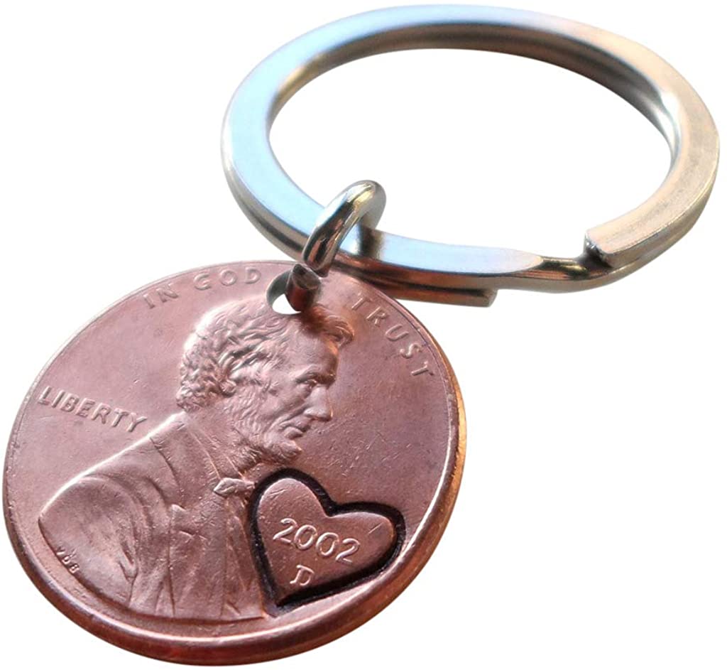 2002 Penny Keychain with Engraved Heart Around Year; 22 Year Anniversary Gift, Couples Keychain