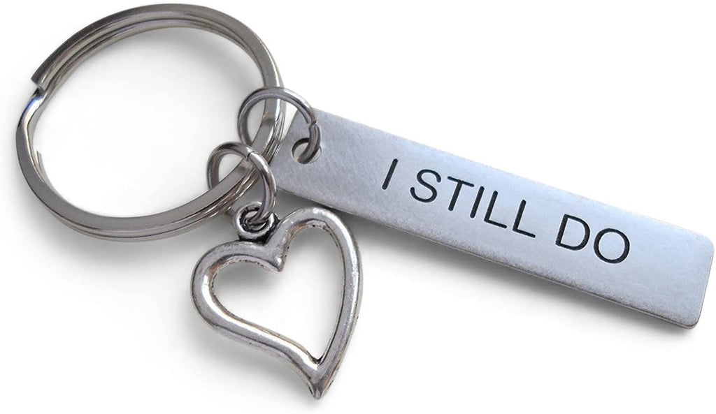 "I Still Do" Engraved Stainless Steel Tag Keychain with Heart Charm; 11 Year Anniversary Couples Keychain