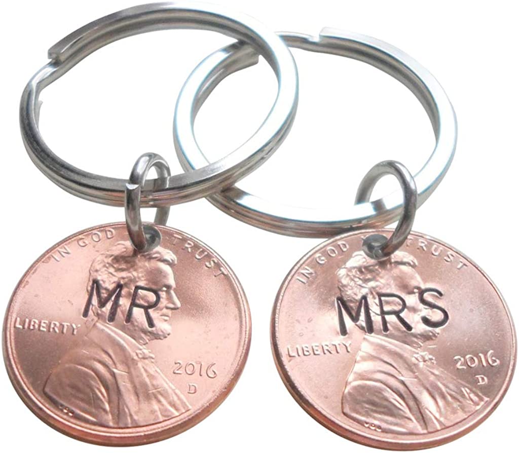 Mr and Mrs Hand Stamped Penny Couples Keychain Set; Anniversary Gift, Couples Keychains