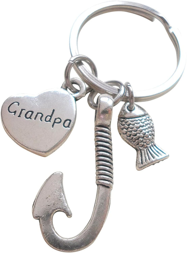 Grandpa Fish Hook Keychain with Little Fish Charm - Hooked on You Grandpa; Grandpa's Keychain