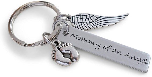 Baby Memorial Keychain • Engraved "Mommy of an Angel" w/ Baby Feet & Wings Charm | Jewelry Everyday