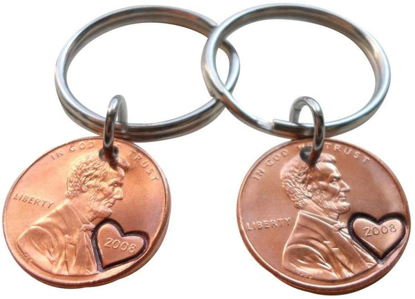 Double Keychain Set 2008 Penny Keychains with Engraved Heart Around Year; 14 Year Anniversary Gift, Couples Keychain