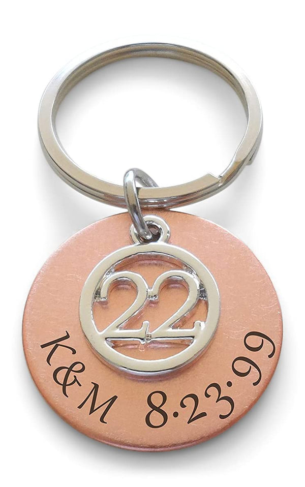Custom Engraved Copper Disc with 22 Charm Keychain, 22 Year Anniversary Gift Keychain, Personalized Engraved Keychain