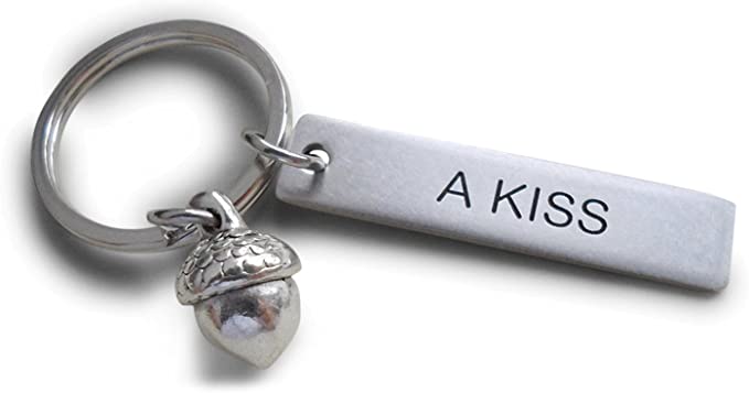 Acorn Keychain and Stainless Steel Tag Engraved with "A Kiss" - Peter Pan's Kiss