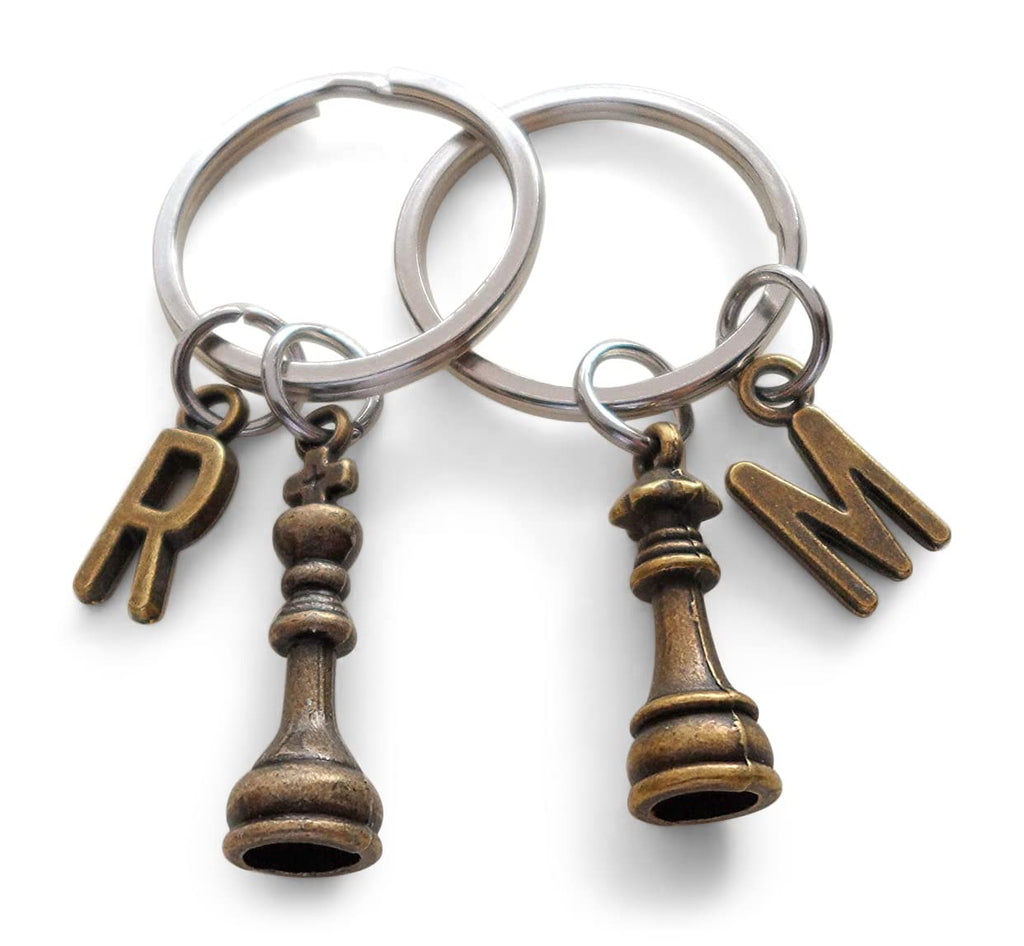 Custom Bronze Small King & Queen Chess Charm Keychains with Letter Charms, Anniversary Keychains