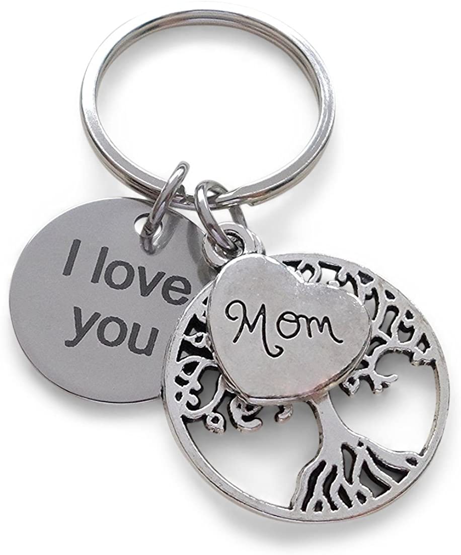 Mom Tree Charm Keychain with I Love You Engraved Disc - Thanks for Helping Me Grow
