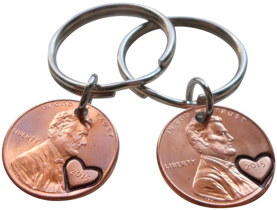 Double Keychain Set 2015 Penny Keychains with Engraved Heart Around Year; 7 Year Anniversary Gift, Couples Keychain