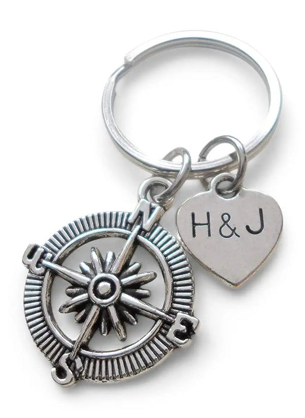 Custom Compass Keychain with Personalized Tag for Couples or Best Friends Initials, Anniversary Gift Keychain