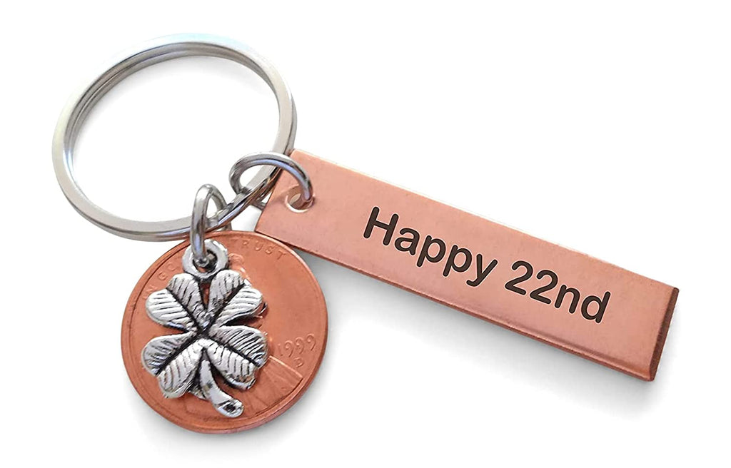 Custom Penny Keychain With Clover Charm and Copper Tag Charm Anniversary Gift, Husband Wife Key Chain, Boyfriend Girlfriend Gift, Couples Keychain