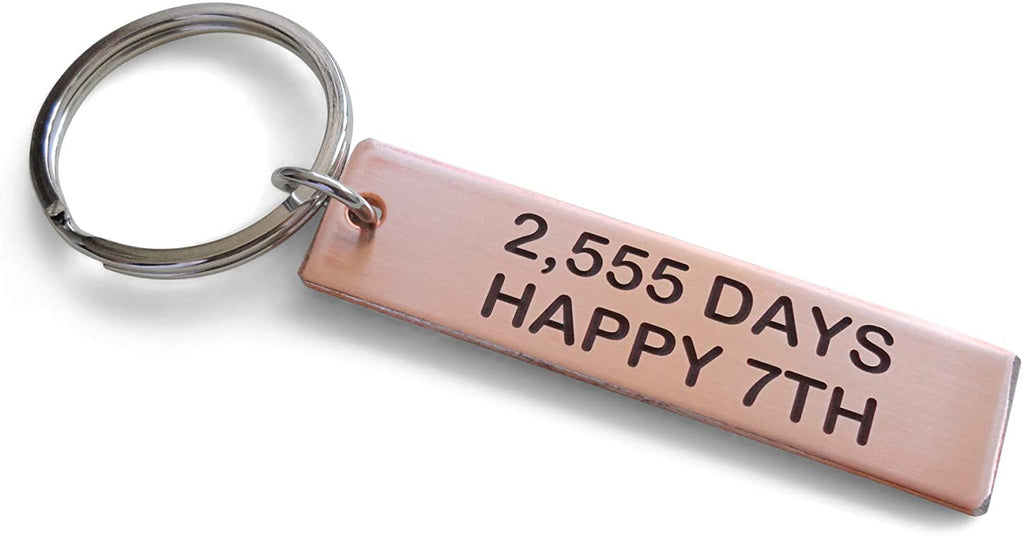 Copper Tag Keychain Engraved with "2,555 Days, Happy 7th"; Handmade 7 Year Anniversary Couples Keychain