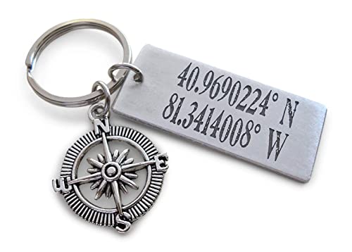 Custom Engraved Coordinates Keychain Aluminum Tag, Anniversary Gift Keychain, Special Occasion GPS Keychain with Compass Charm
