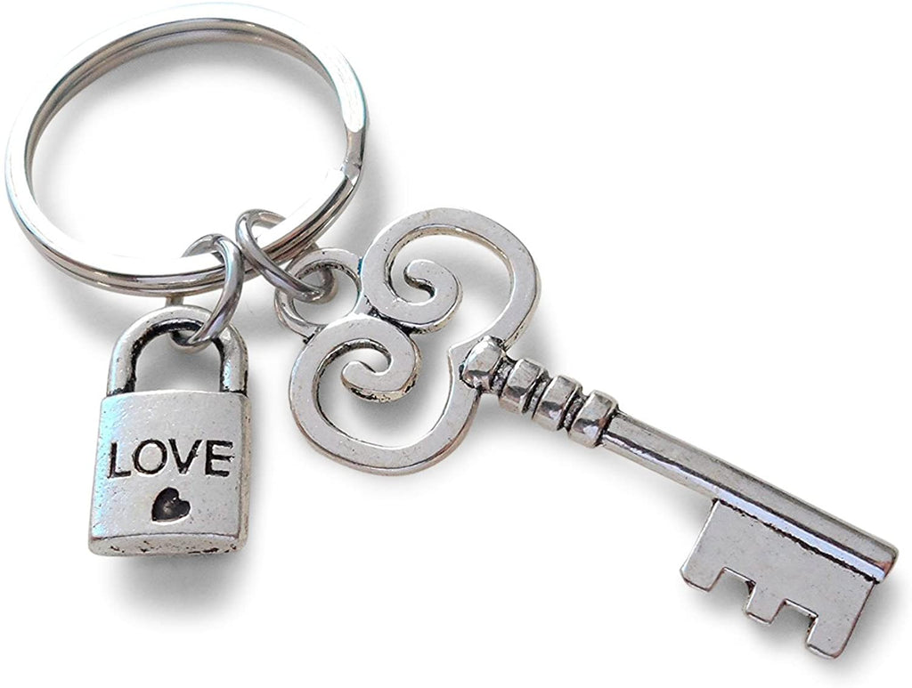 Key and Tiny Love Lock Keychain - You've Got The Key To My Heart; Couples Keychain