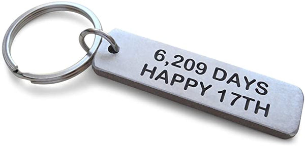 Aluminum Tag Keychain Engraved with "6,209 Days, Happy 17th"; 17 Year Anniversary Keychain