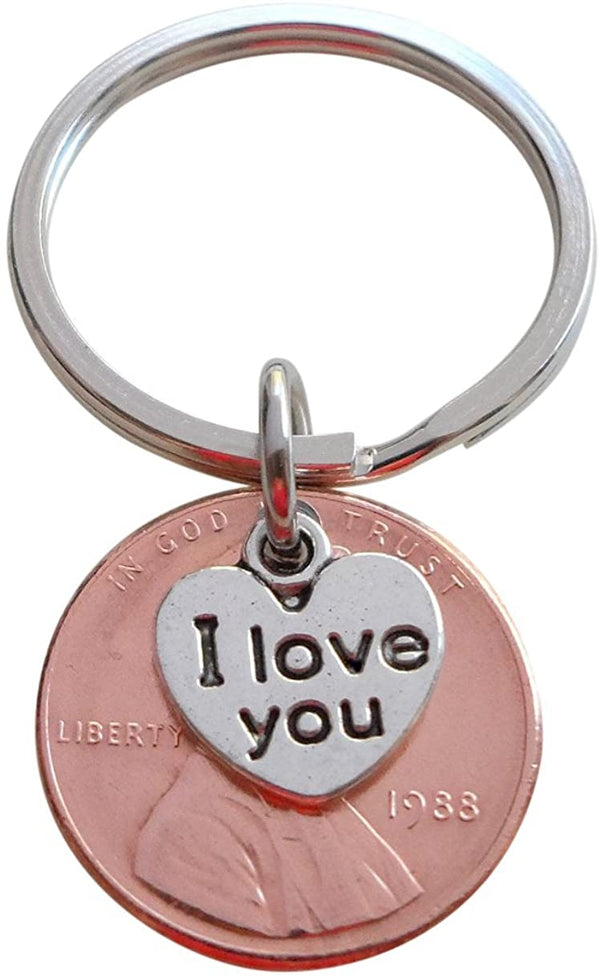 I Love You Heart Charm Layered Over 1988 Penny Keychain; 34 Year Anniversary Gift, Couples Keychain