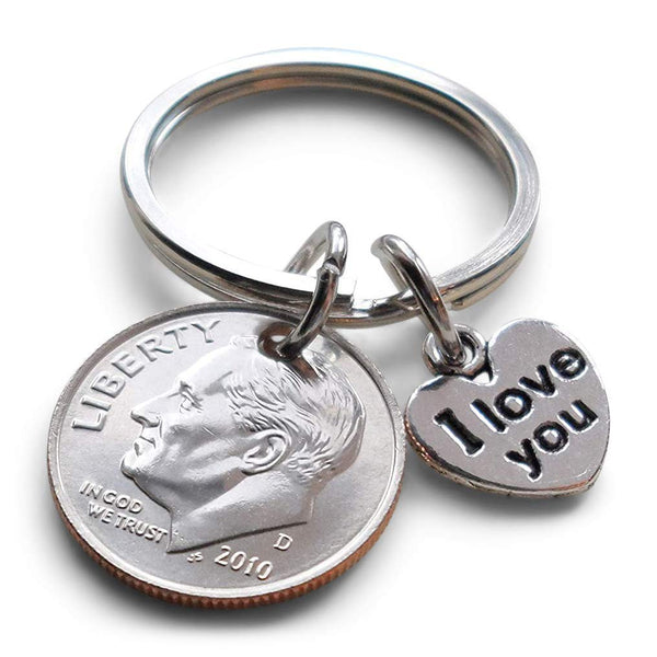 10 Year Anniversary Gift • Dime Keychain w/ I love You Charm by Jewelry Everyday, Custom Options